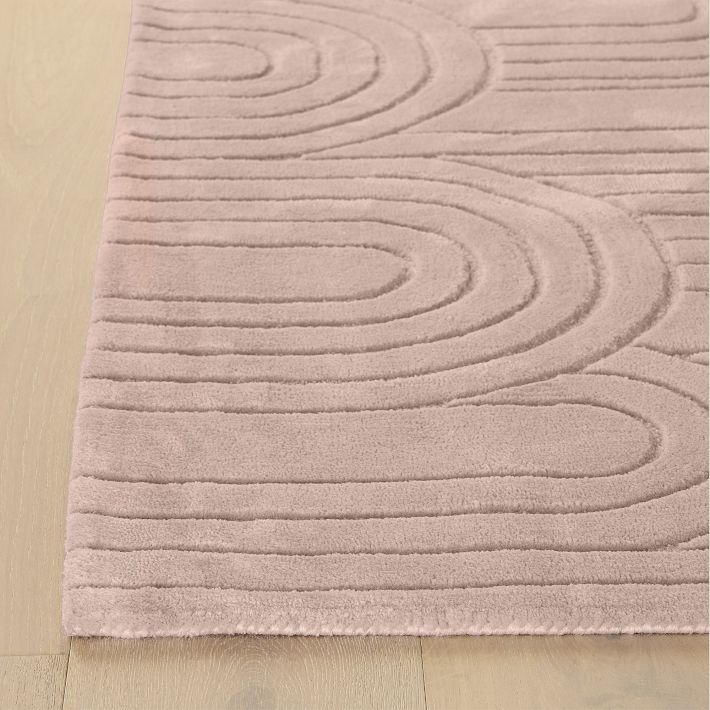 Modern Art Deco Hand-Tufted Rug | Blush Pink Geometric Rainbow Pattern Carpet | Minimalist Textured Area Rug for Living Room & Bedroom
