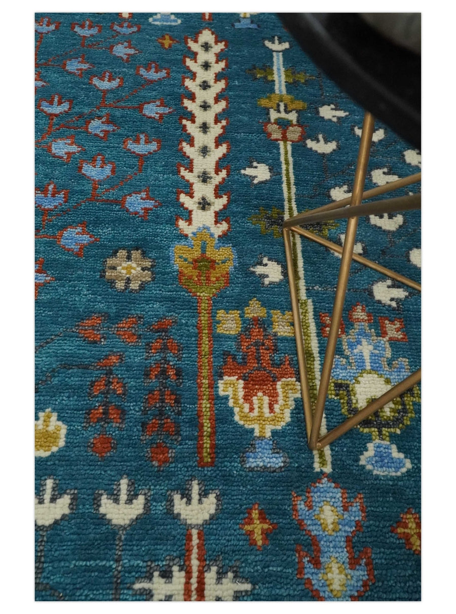 Hand-Knotted Oushak Rug in Teal Blue – Authentic Turkish Wool Oriental Carpet