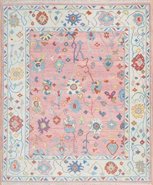 Hand Knotted Pink Oushak Rug – Modern Turkish Wool Area Rug | Soft Pastel Oriental Carpet, Boho Chic Living Room & Bedroom Decor