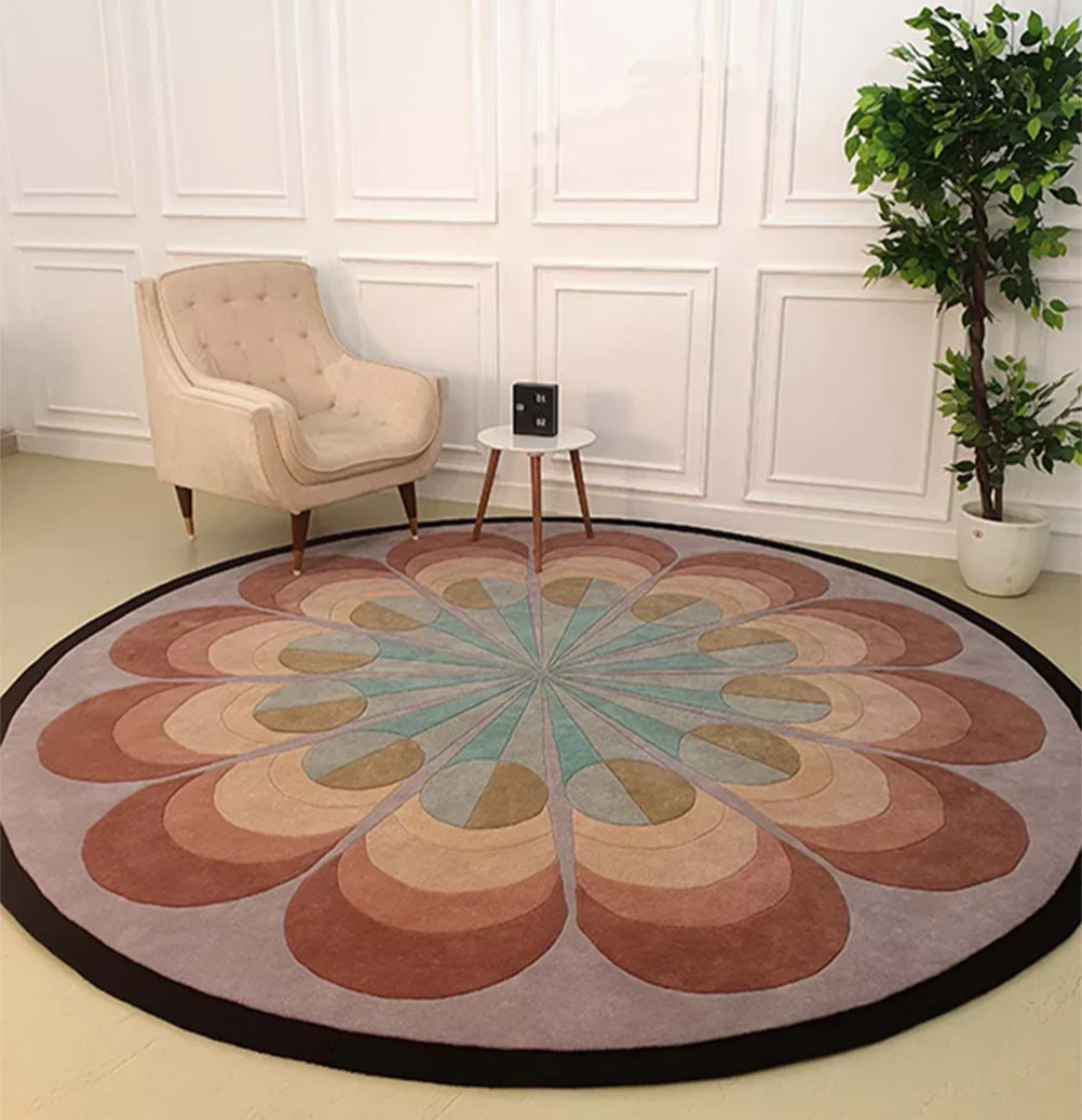 Retro Round Area Rug – Mid-Century Modern Geometric Carpet for Living Room, Bedroom, or Studio Decor