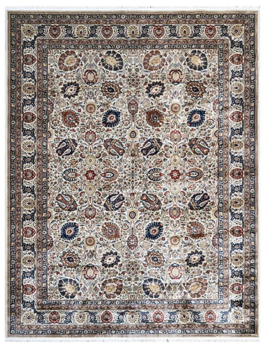Luxury Persian Silk Rug | Ivory Traditional Floral Medallion Design | Elegant Oriental Style Area Rug