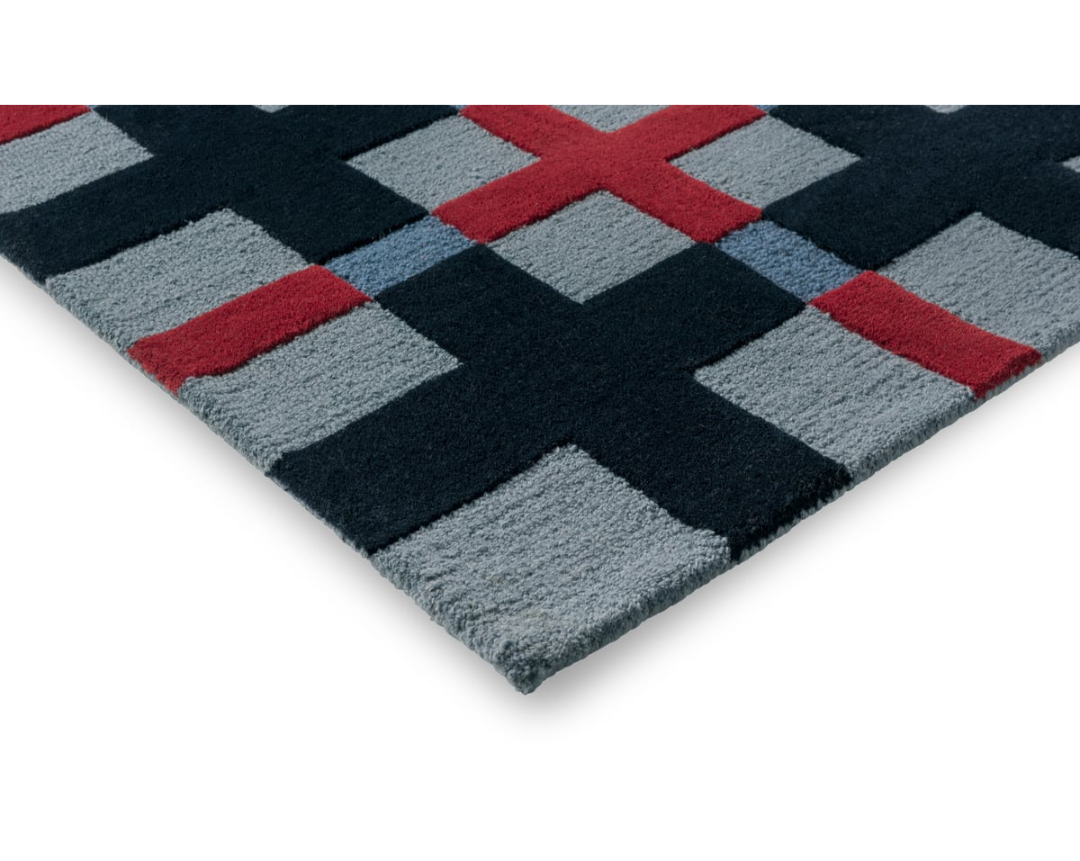 Contemporary Geometric Wool Rug – Handwoven Black, Grey & Red Cross Pattern for Modern Living Room & Office Décor