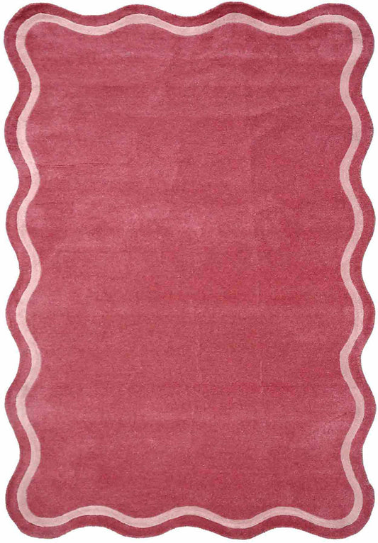 Modern Wavy Border Pink Rug – Hand-Tufted Scalloped Edge Area Carpet | Contemporary Living Room & Bedroom Home Décor