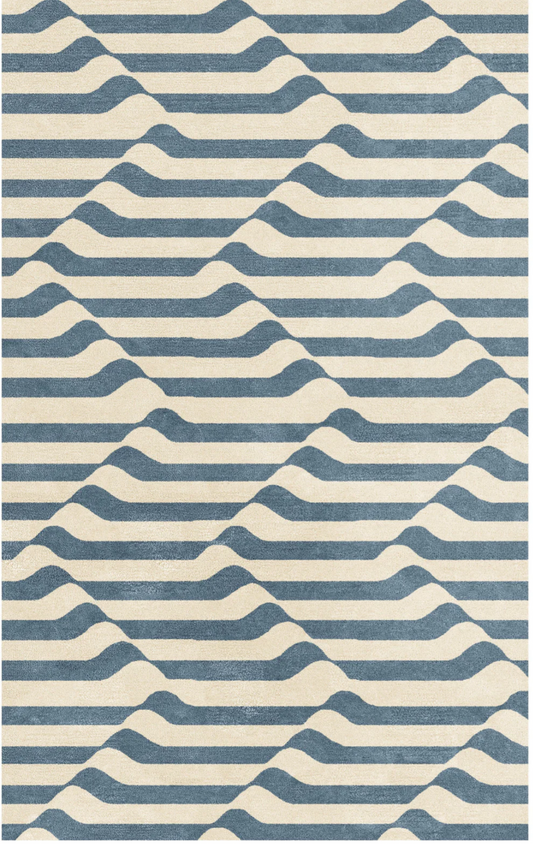 Modern Blue and Ivory Geometric Wave Pattern Rug – Contemporary Hand-Tufted Area Carpet for Living Room, Bedroom & Home Décor