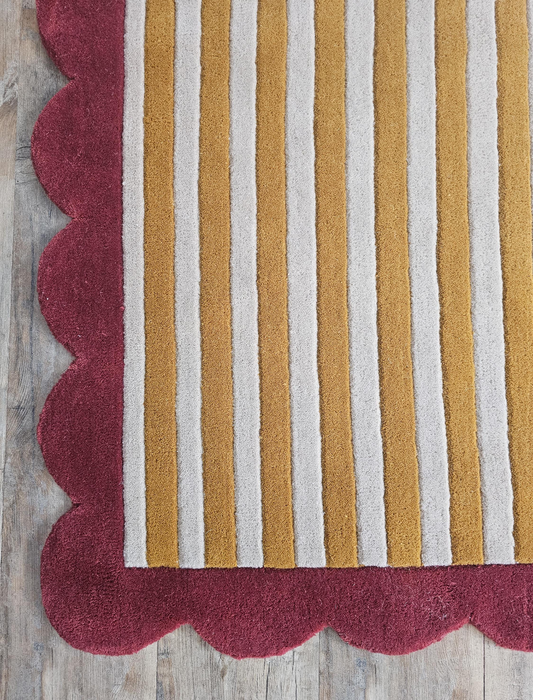 Handmade Wool Striped Rug | Modern Mustard & Beige Area Carpet with Red Scalloped Border | Contemporary Statement Floor Rug for Living Room & Bedroom