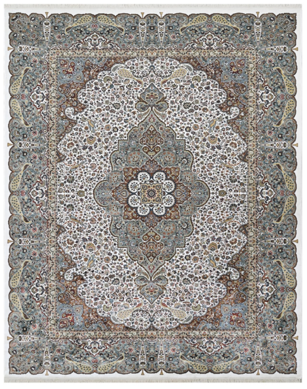 Luxury Persian Silk Rug – Ivory & Blue Oriental Medallion Carpet for Elegant Living Spaces