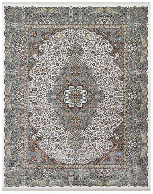 Luxury Persian Silk Rug – Ivory & Blue Oriental Medallion Carpet for Elegant Living Spaces