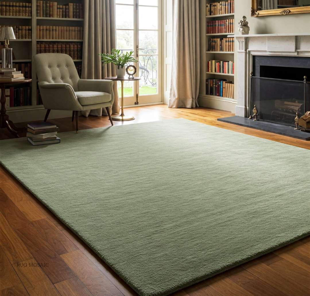 Sage Green Wool Area Rug Soft Handwoven Modern Carpet for Living Room