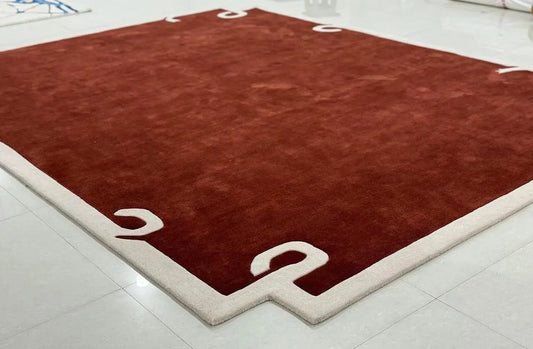 Modern Hand-Tufted Maroon Area Rug – Abstract Border Wool Carpet for Living Room & Bedroom Décor