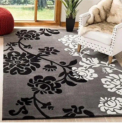 Elegant Floral Hand-Tufted Wool Rug – Grey, Black & White Area Carpet for Living Room, Bedroom & Home Décor