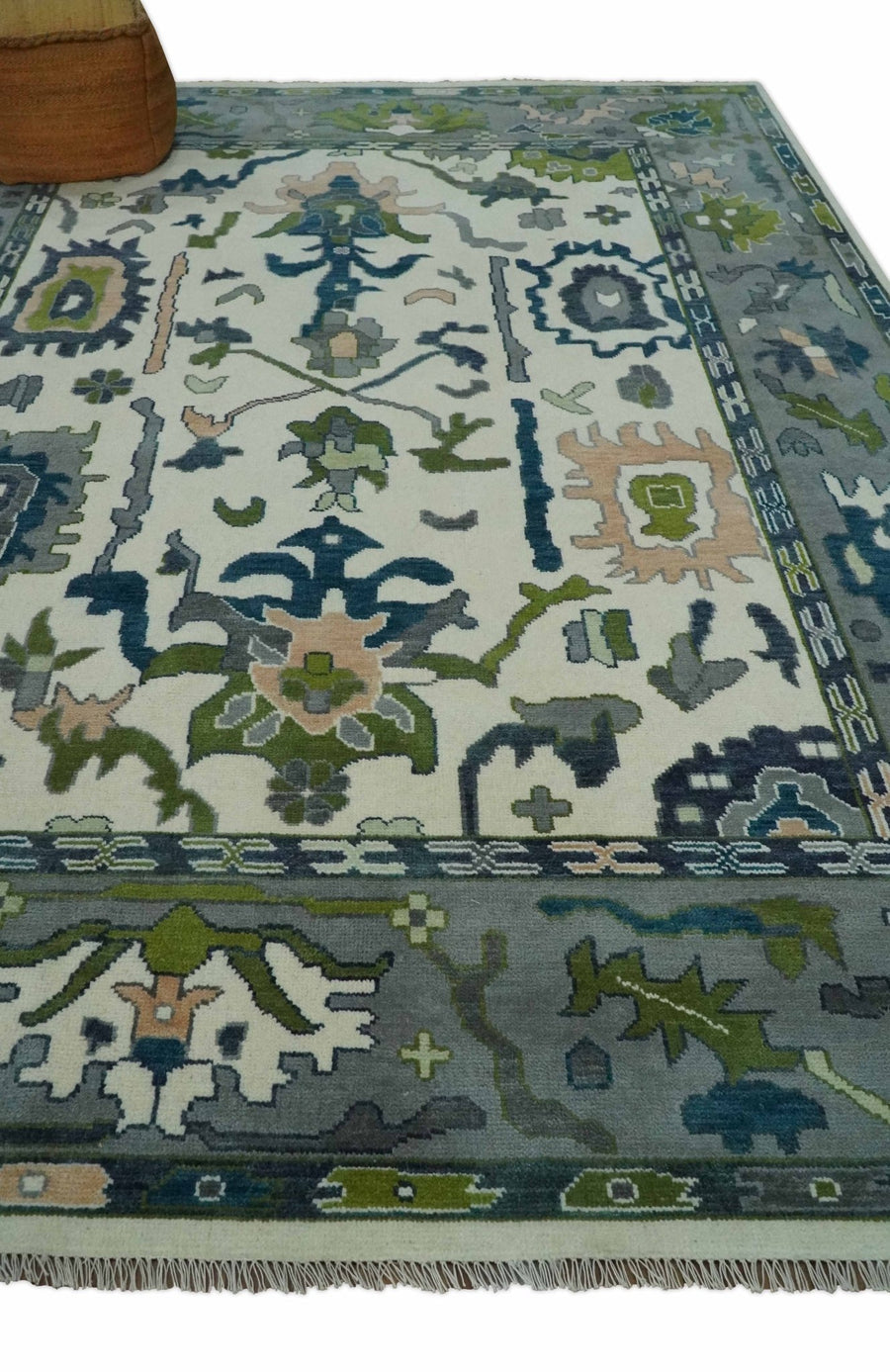 Handknotted Oushak Rug – Genuine Turkish Wool Oriental Carpet | Modern Blue & Green Floral Design