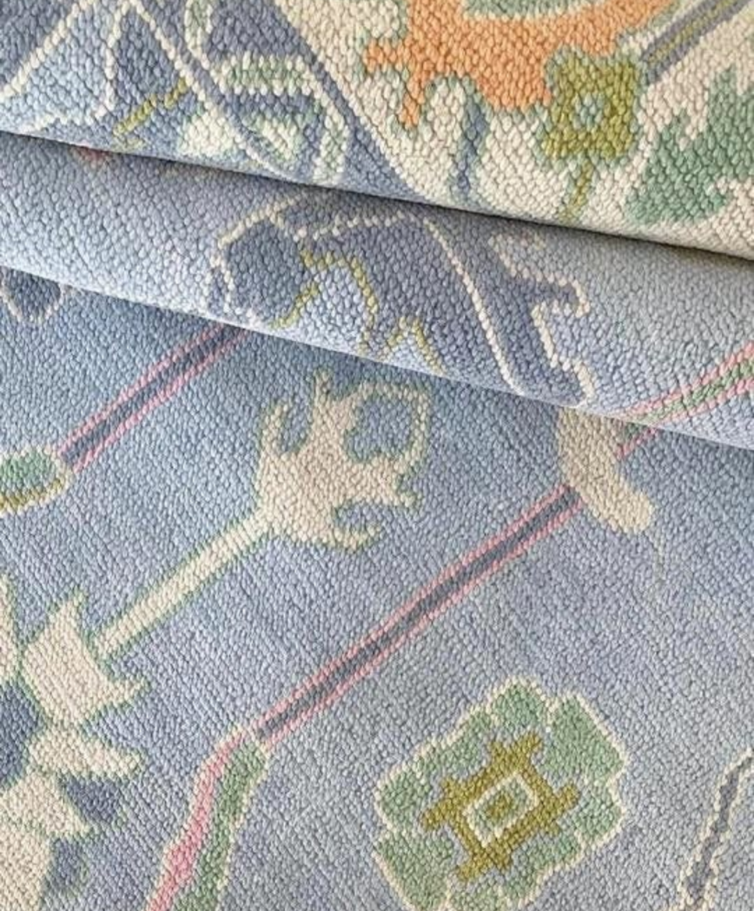 Handknotted Oushak Rug – Elegant Pastel Blue Oriental Design, Soft Durable Wool, Unique Home Décor Accent