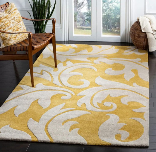 Premium Yellow and Cream Modern Floral Area Rug for Living Room | Hand-Tufted Wool Carpet