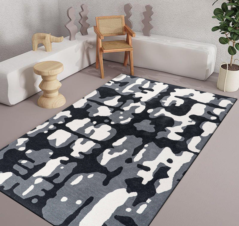 Modern Abstract Black Gray White Area Rug – Contemporary Camouflage Pattern Carpet for Living Room, Bedroom & Office Decor