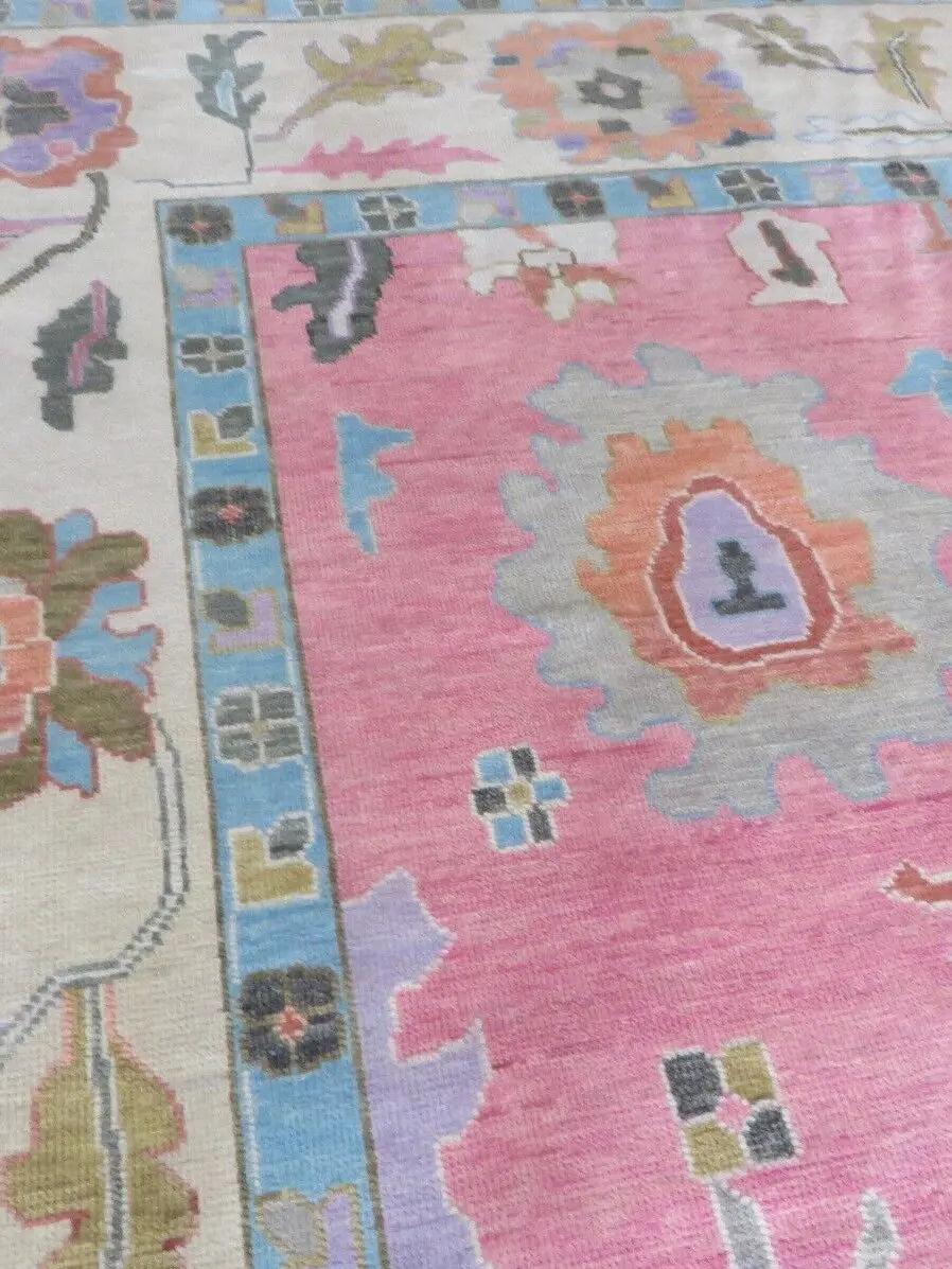 Blush Pink Hand Knotted Oushak Rug – Vintage Turkish Style Floral Medallion Carpet, Soft Pastel Large Area Rug for Living Room & Bedroom