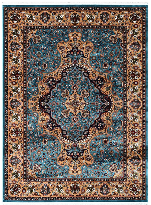 Luxury Persian Silk Rug – Teal Blue Medallion Design with Beige Floral Border