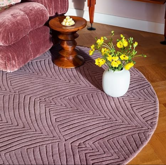 Round Mauve Textured Area Rug – Modern Zigzag Pattern Carpet for Living Room, Bedroom, or Lounge Décor