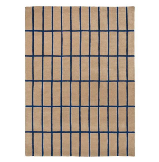 Modern Beige and Blue Grid Pattern Area Rug – Minimalist Geometric Carpet for Living Room, Bedroom & Contemporary Home Décor