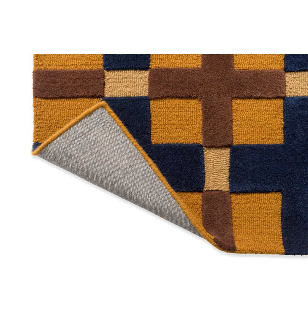 Modern Geometric Wool Rug – Handwoven Blue, Mustard & Brown Checkered Pattern for Living Room & Office Décor
