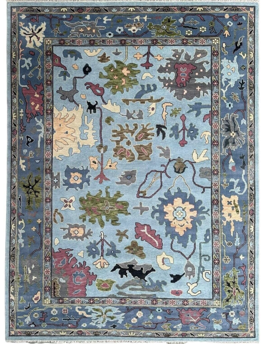 Hand Knotted Oushak Rug Turkish Style | Vintage Boho Area Carpet | Living Room Oriental Wool Rug