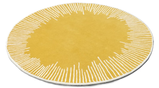 Modern Sunburst Round Rug – Handmade Wool Circle Carpet in Mustard Yellow & White – Contemporary Bright Floor Decor for Living Room & Bedroom