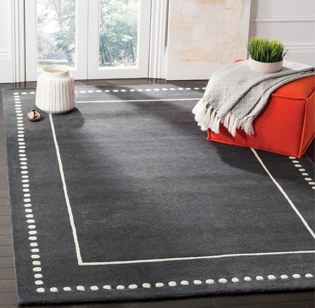 Modern Charcoal Gray Wool Area Rug with White Border – Handwoven Minimalist Geometric Carpet for Living Room, Bedroom & Office Décor