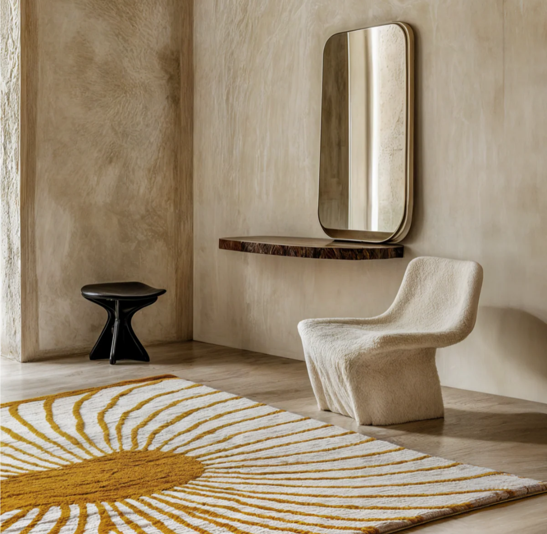 Golden Sunburst Modern Area Rug – Handcrafted Boho Statement Piece for Living Room & Bedroom Décor