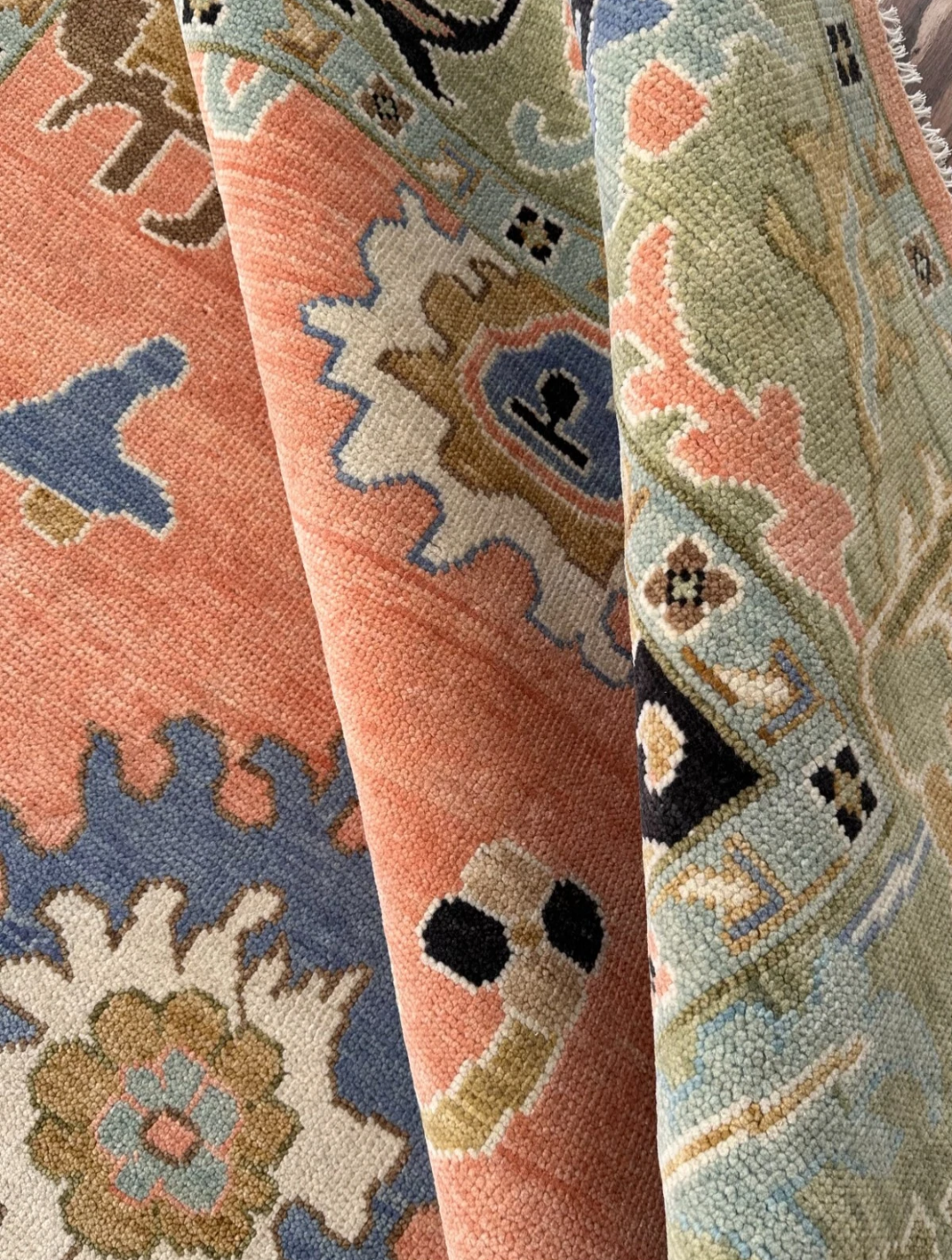 Hand Knotted Oushak Rug – Terracotta Turkish Wool Area Rug with Floral Motifs