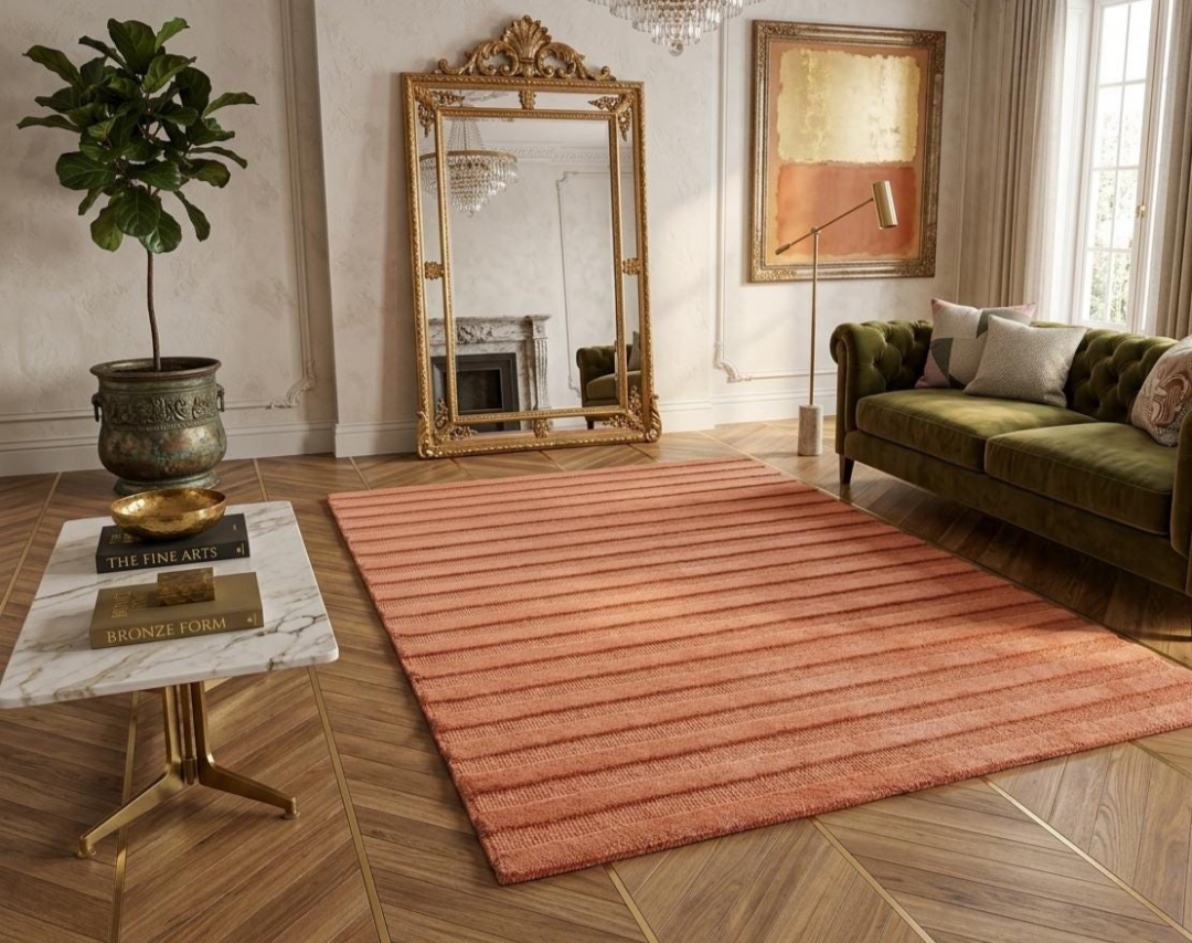 Hand Tufted Terracotta Ribbed Wool Rug – Modern Textured Area Rug, Handmade Luxury Living Room Carpet, Contemporary Minimalist Home Decor, Custom Size Rug