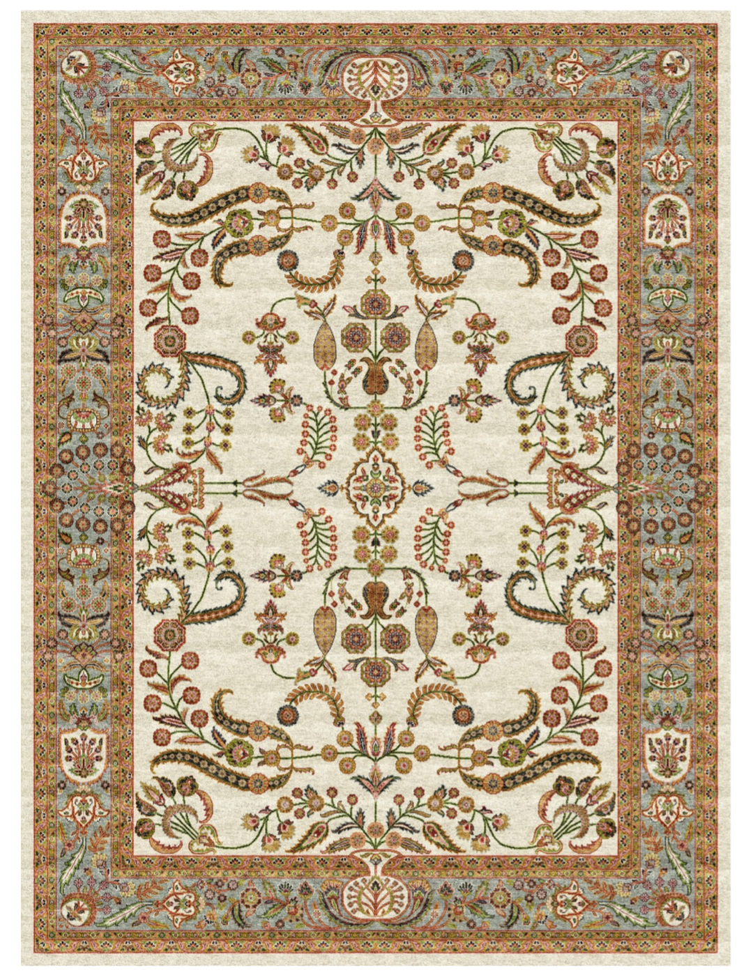 Luxury Persian Silk Area Rug – Ivory Floral Botanical Design with Elegant Traditional Border