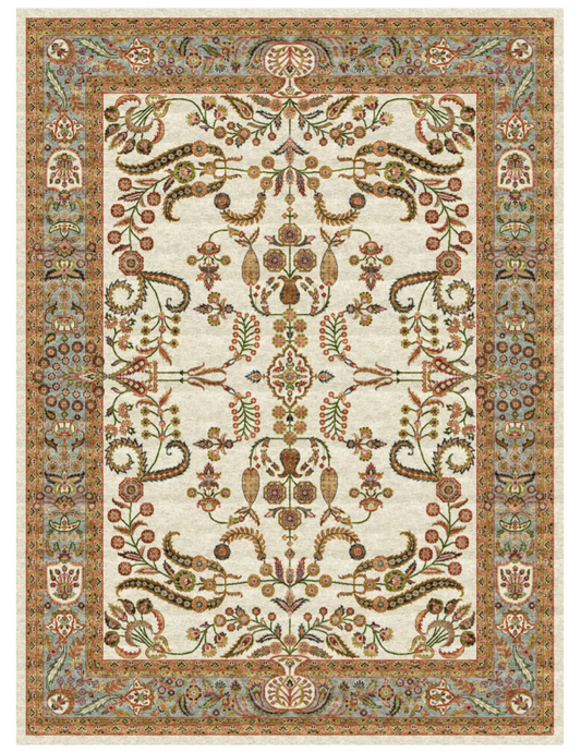 Luxury Persian Silk Area Rug – Ivory Floral Botanical Design with Elegant Traditional Border
