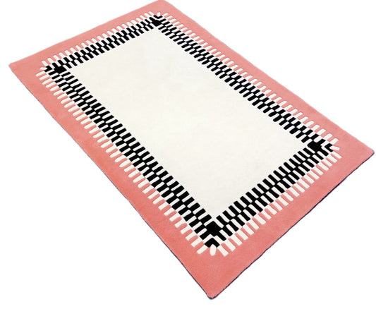 Pink Border Area Rug with Black and White Geometric Frame – Modern Hand-Tufted Wool Carpet for Living Room, Bedroom & Contemporary Home Décor