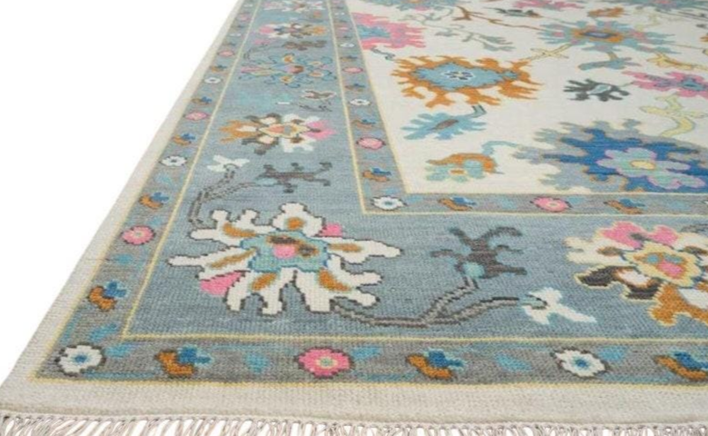 Hand Knotted Oushak Rug – Blue Ivory Floral Turkish Wool Carpet | Modern Vintage Area Rug