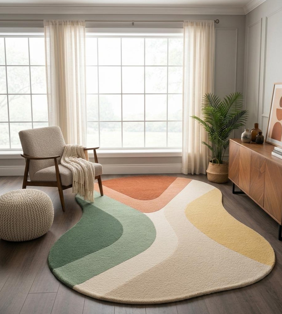 Abstract Irregular Hand Tufted Rug, Modern Organic Shape Wool Carpet, Scandinavian Minimalist Area Rug, Mid Century Contemporary Living Room Decor, Custom Artistic Tufted Rug
