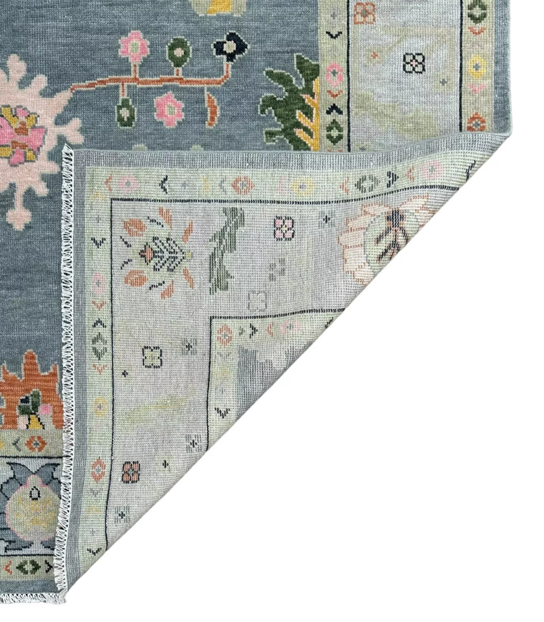 Hand Knotted Oushak Rug – Blue Turkish Wool Area Rug with Pastel Floral Motifs
