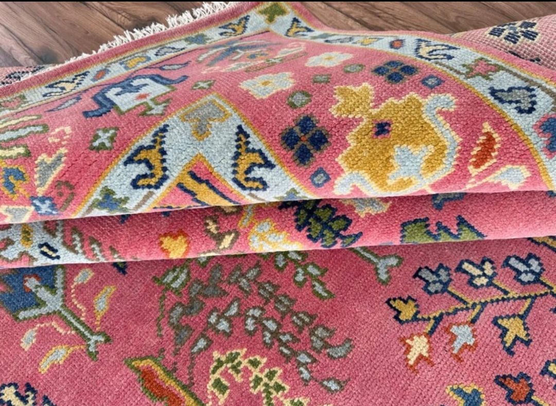 Handknotted Oushak Rug – Authentic Turkish Wool Carpet in Coral Pink | Luxury Handmade Oriental Area Rug
