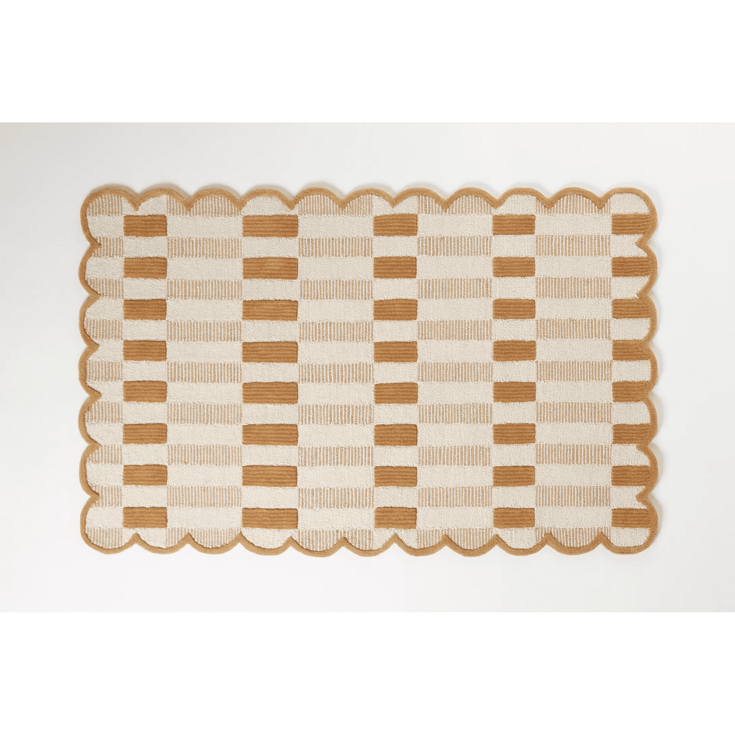 Neutral Checkerboard Scalloped Edge Rug – Beige and Brown Handmade Tufted Carpet for Minimalist or Boho Home Decor