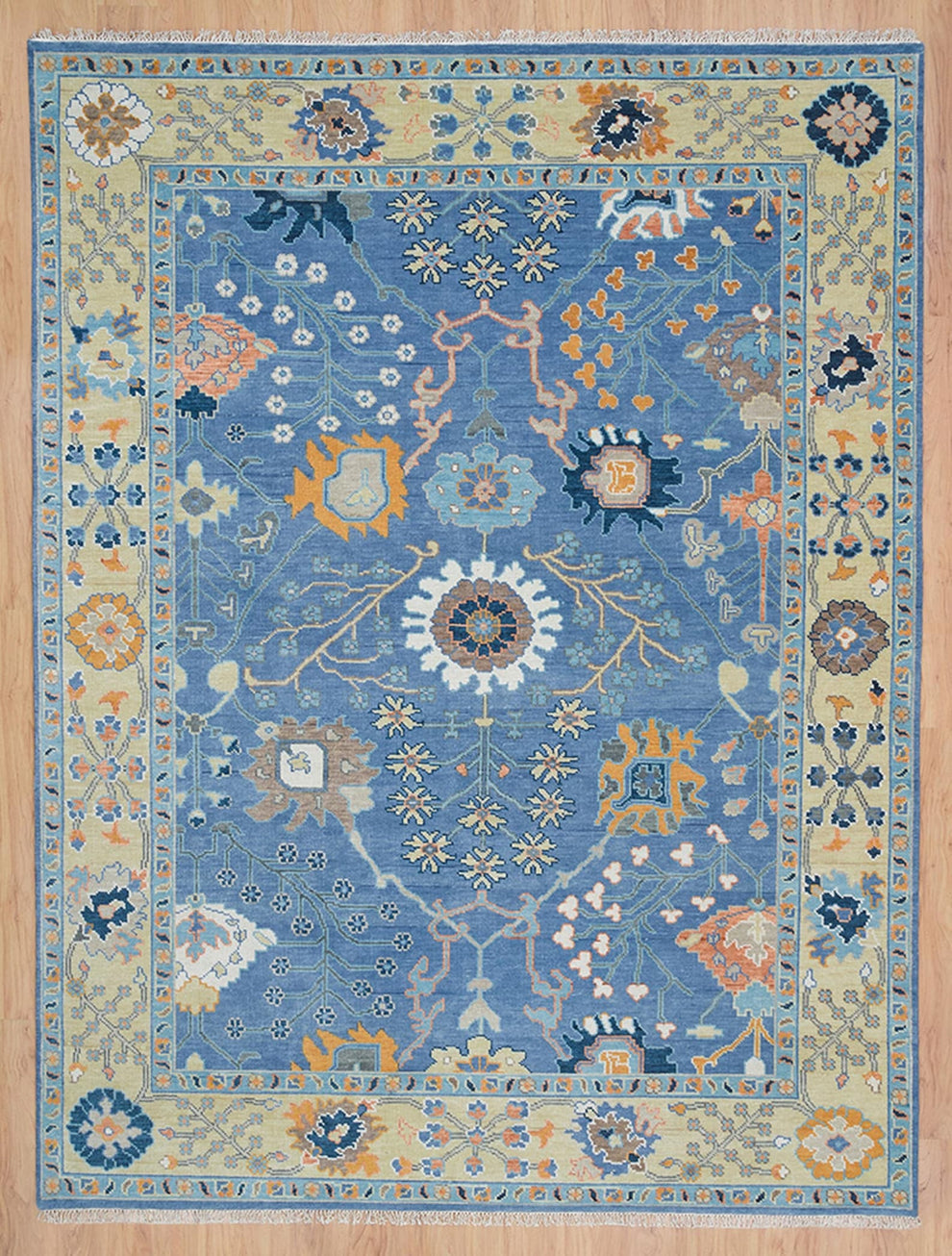 Hand-Knotted Blue Oushak Rug – Authentic Turkish Wool Carpet | Luxury Oriental Area Rug with Gold Accents
